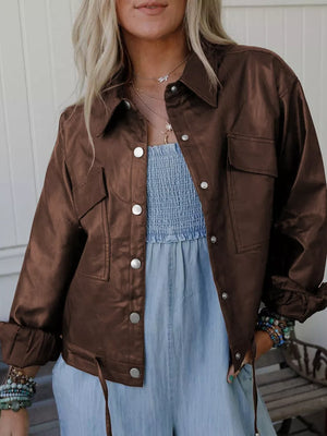 Dark Brown leather jacket with waist-length and snap, drawstring