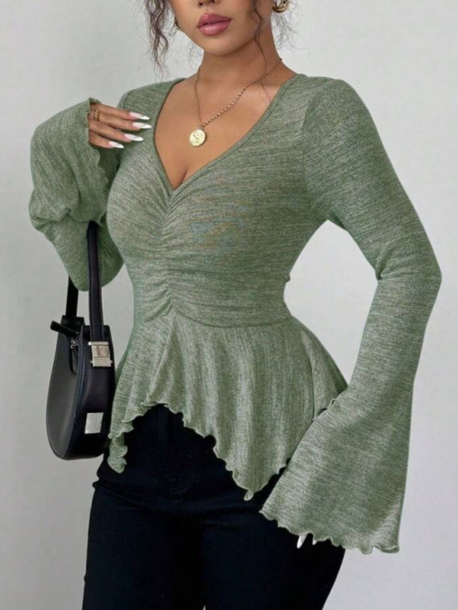 Ruched Flared Sleeves Peplum T-Shirt in Peacock Blue with ruched