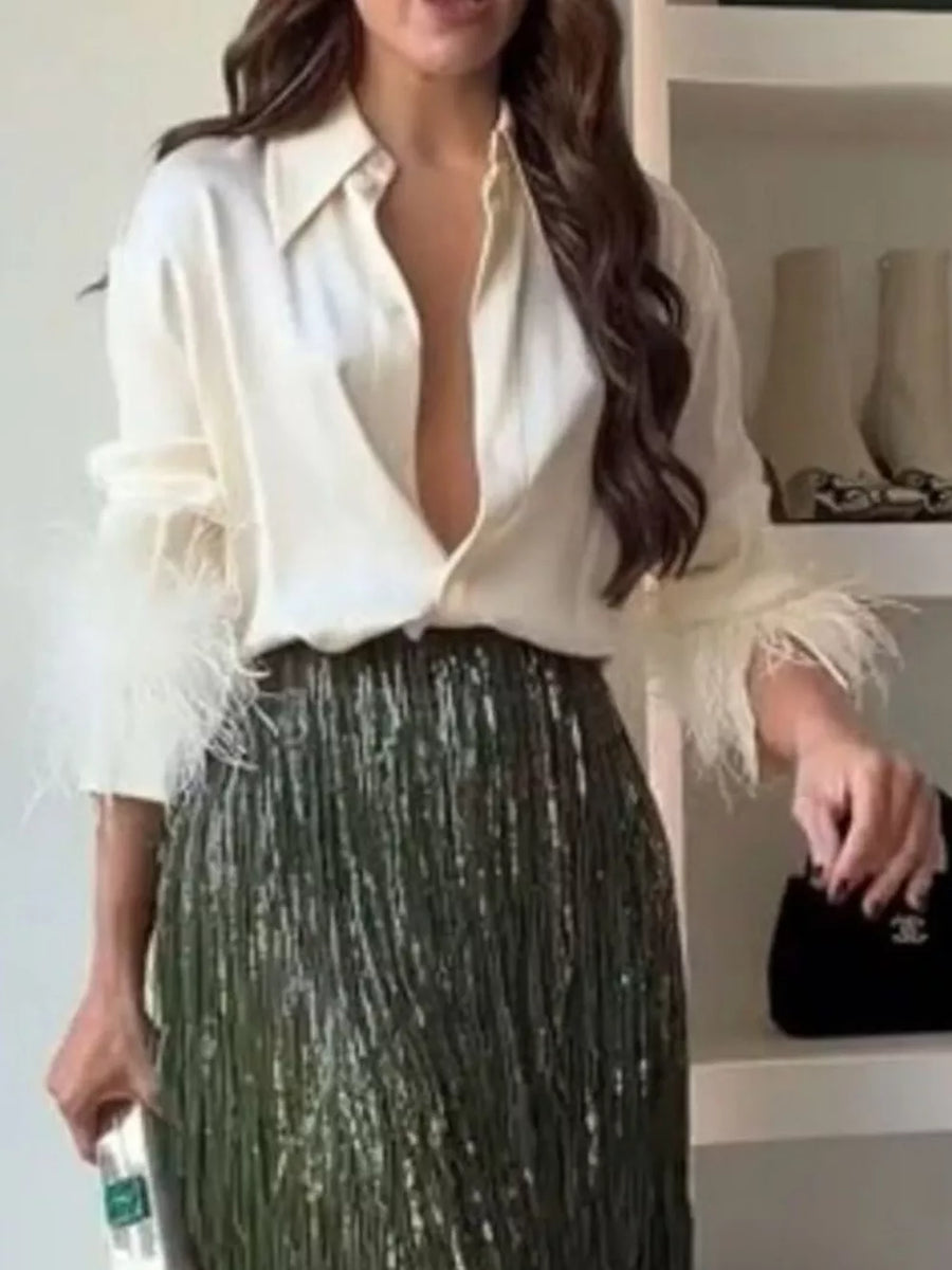 White fringe sleeve shirt with army green sequin fringe skirt