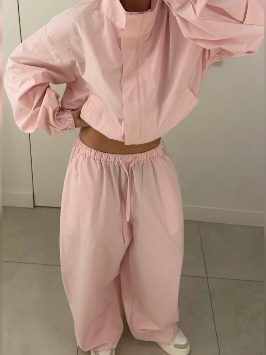 100% polyester Care instructions: Machine wash cold matching set in Light Blue with relaxed silhouette