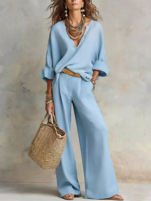 ivory lounge set with wide-leg and rolled sleeve