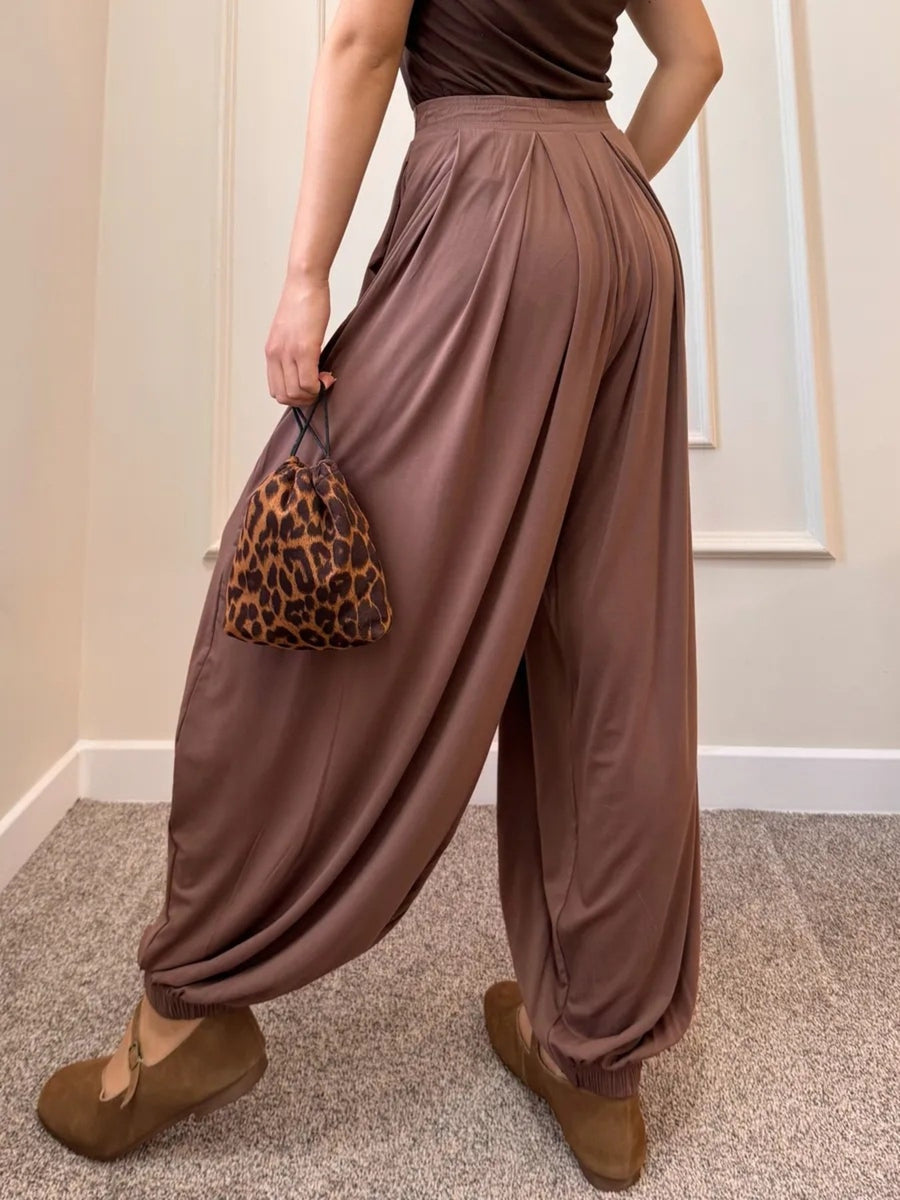 wide-leg pants in Brown with pleated front and full-length