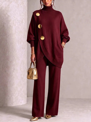 sweater and pants set in burgundy featuring pocketed and relaxed fit