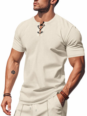 Apricot cotton t-shirt for men with V-neck and lace-up detail