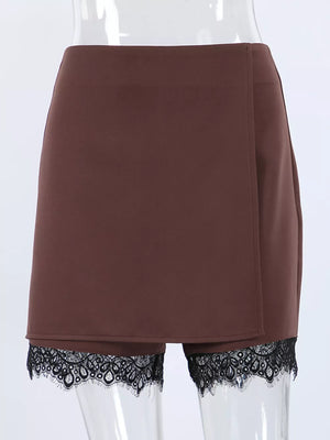 High-waisted Lace Hem Skort in Brown with lace