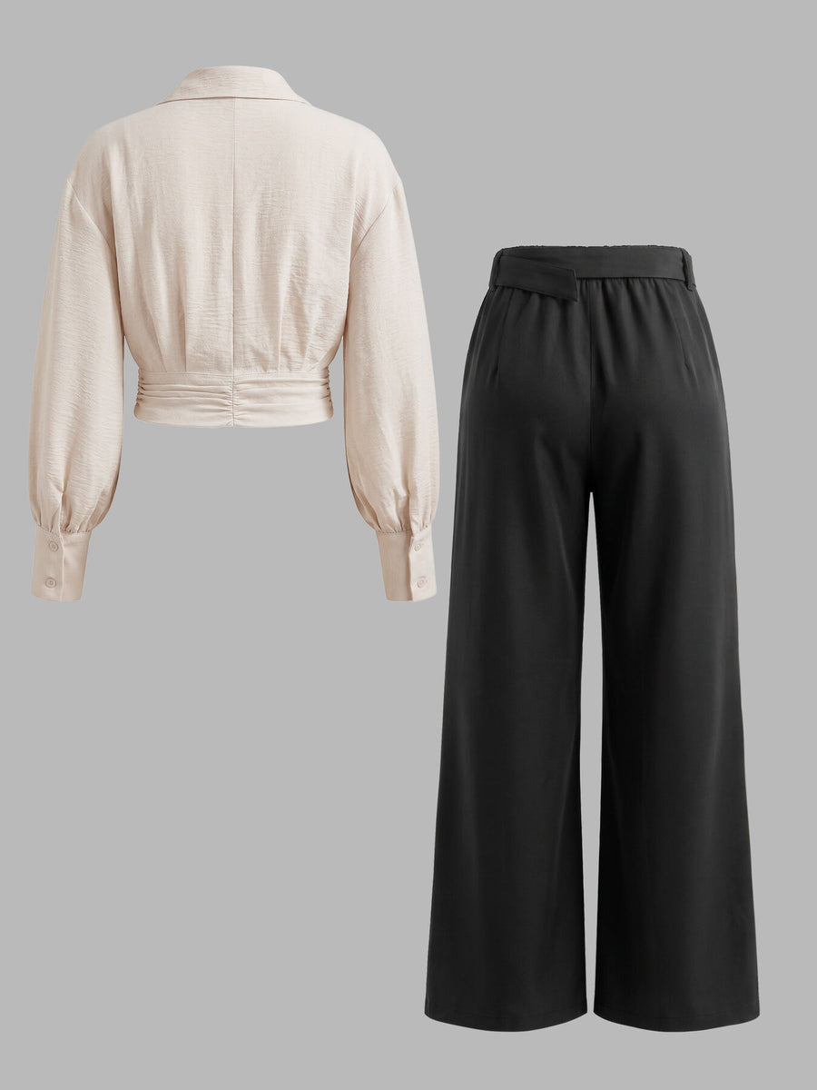 ivory two-piece set with cropped, full-length and button-front, tie
