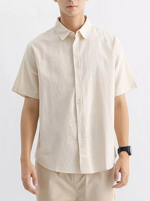 Men's short-sleeve button-up shirt in Flower Apricot cotton, classic casual style.