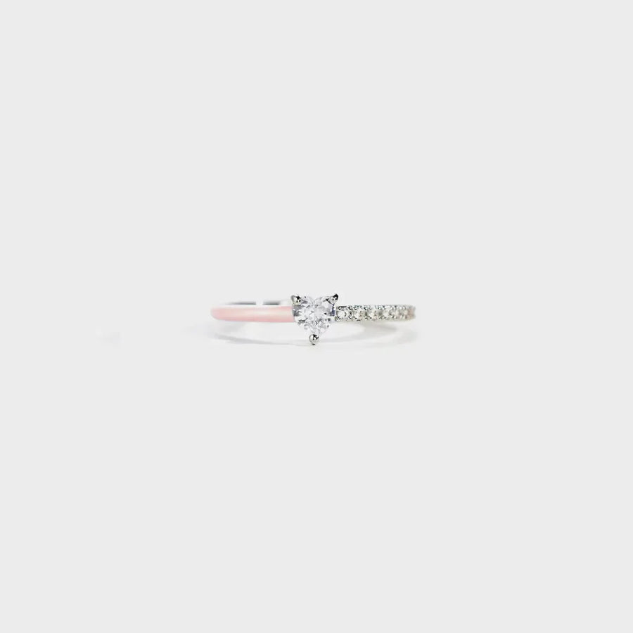 Enamel heart & pave band ring in blush pink sterling silver with cubic zirconia stones.