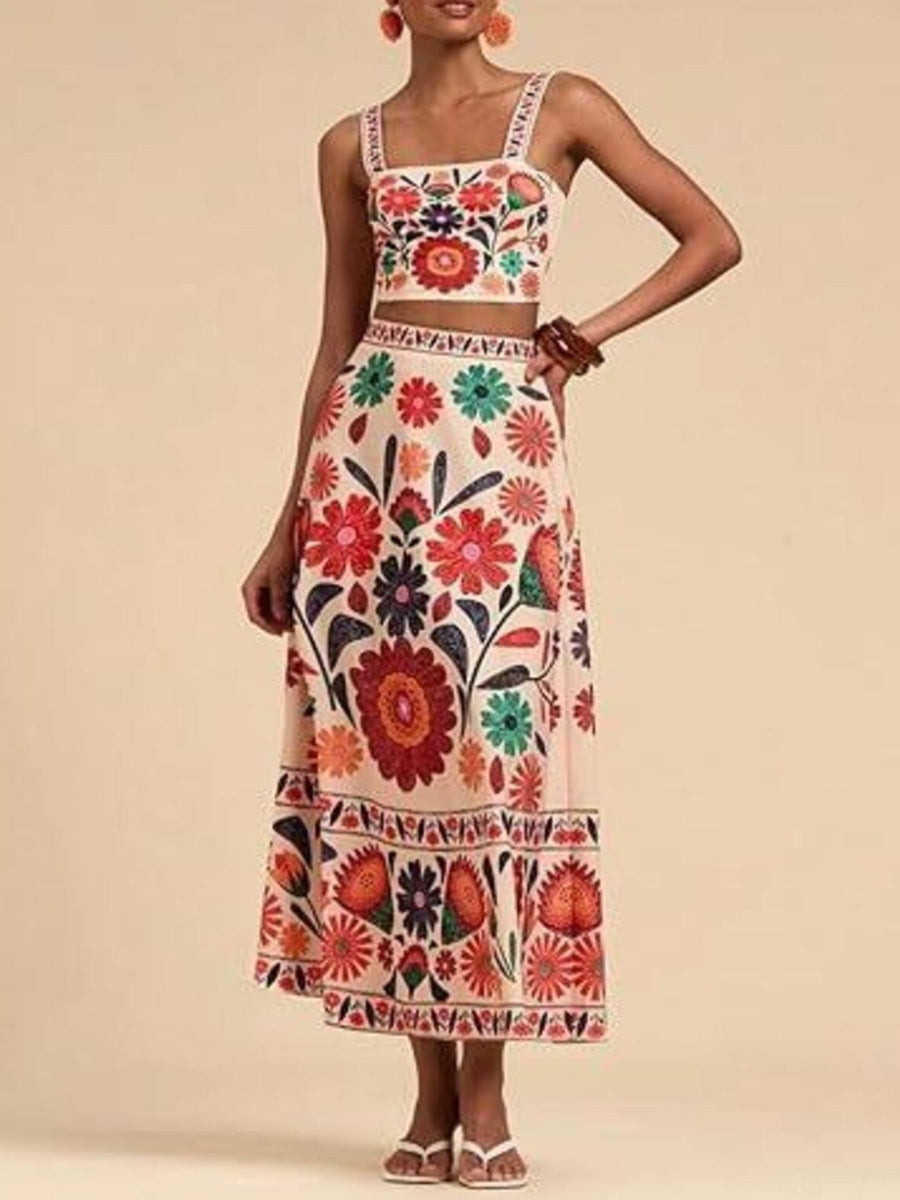 Floral print crop top and maxi skirt set in multicolor.