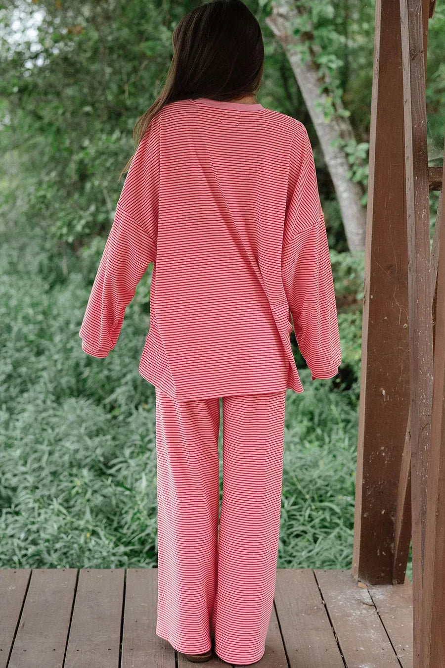 Dusty Pink with Striped Drop Shoulder Long Sleeve Top And Pants Set in Dusty Pink