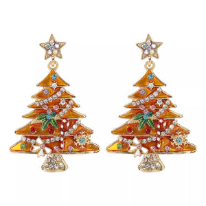 Enchanted Holiday Tree earrings in yellow with colorful rhinestones, candy canes, and stars.