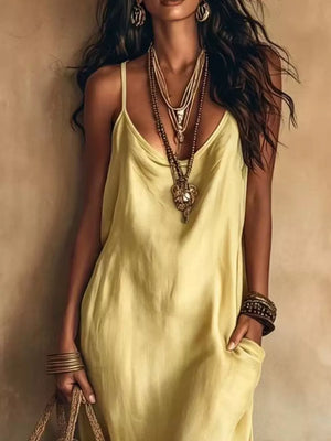 camel midi dress with stretch and spaghetti strap