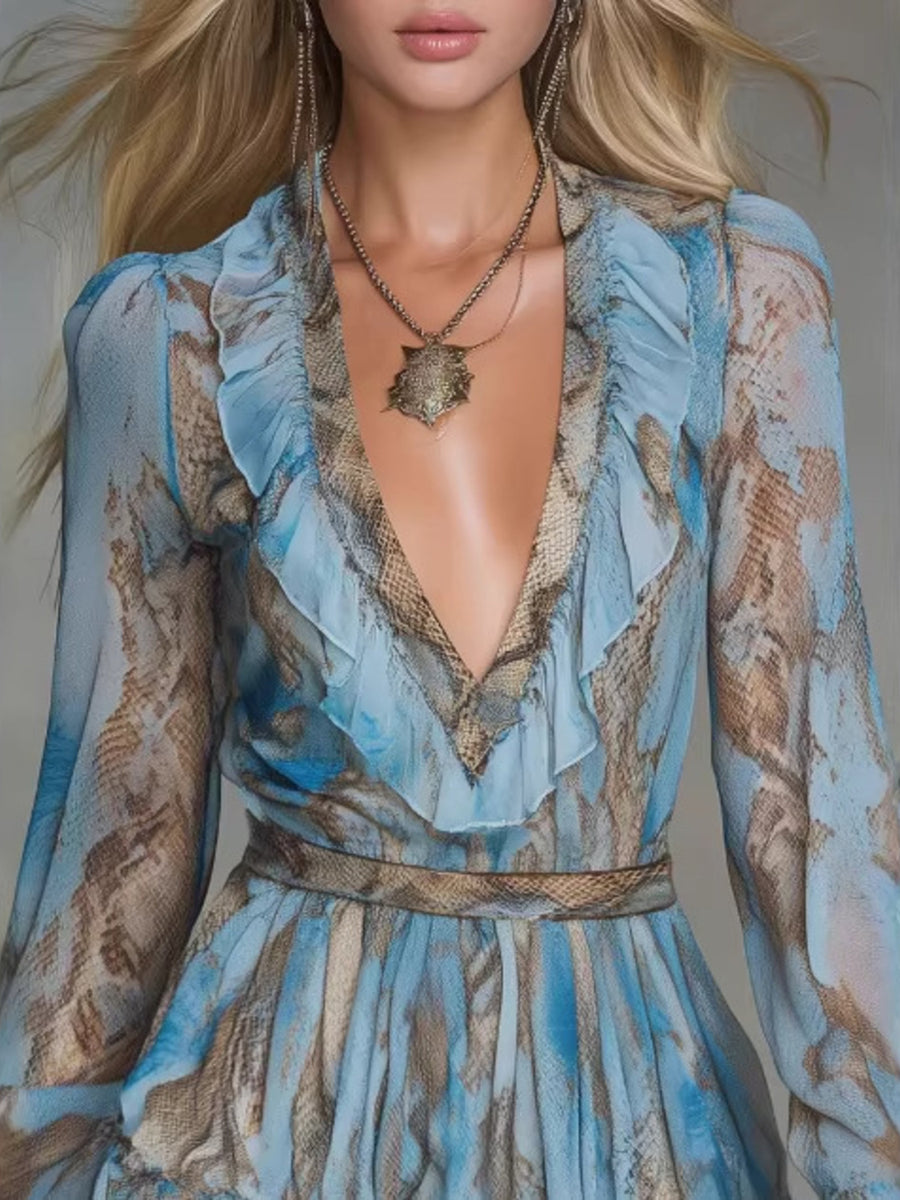 brown mini dress featuring tiered and snakeskin