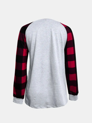 Light gray raglan tee with red and black buffalo plaid sleeves.