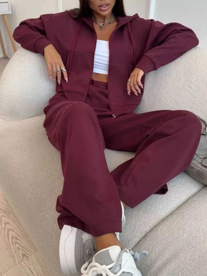 Zip-up Hoodie And Wide-leg Pants Set in Dark Gray with drawstring
