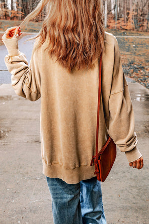 Khaki sweatshirt with crewneck and long sleeves, casual basic style.