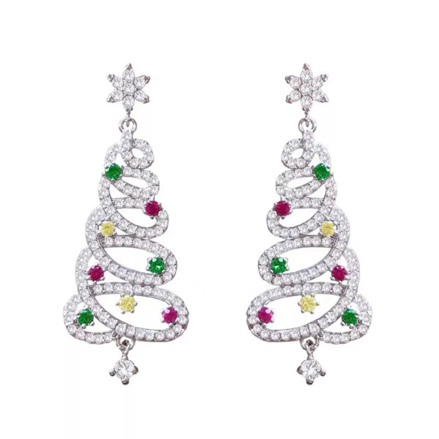 Silver Christmas tree dangle earrings with colorful gemstone accents and a star topper.