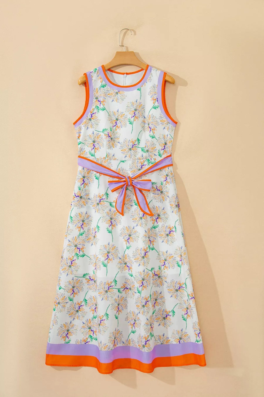 Floral print sleeveless dress with belted waist and contrast trim