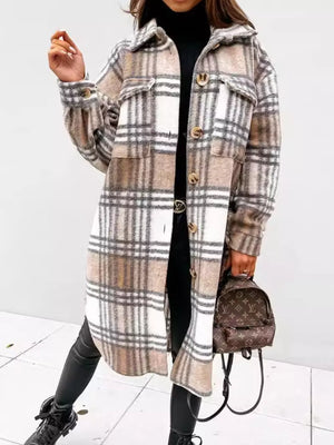 Longline Plaid Button Up Coat in brown