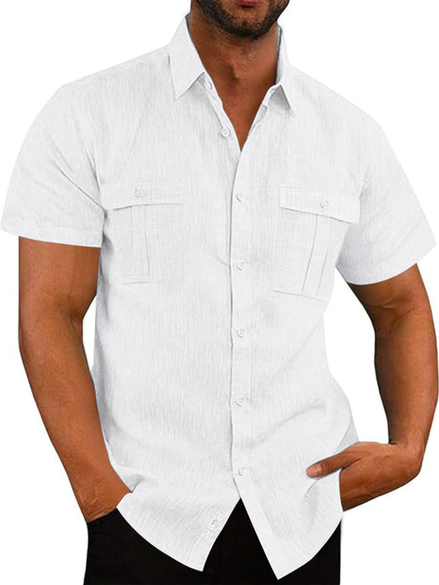 White short sleeve button-down shirt with two chest pockets and collared neckline