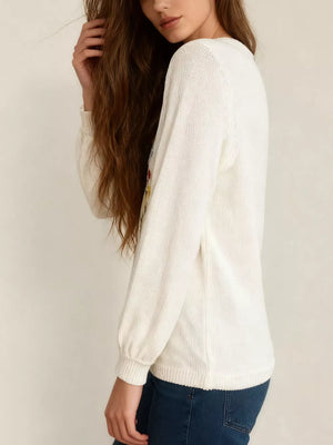 Off-white v-neck sweater with hip-length and tie
