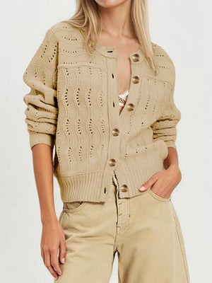 Khaki cardigan with hip-length and button-front