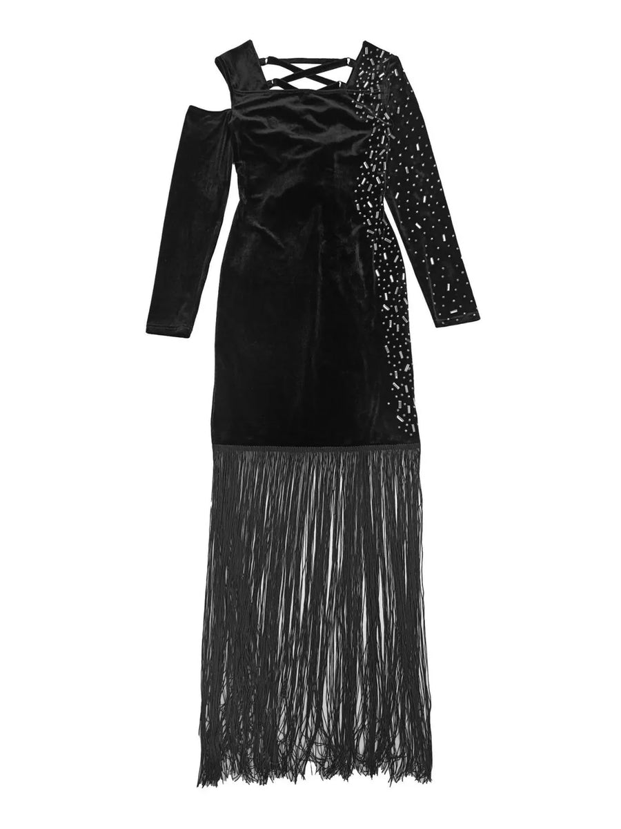 Black bodycon cocktail dress with square neck