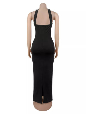 Black fitted maxi dress with strapless