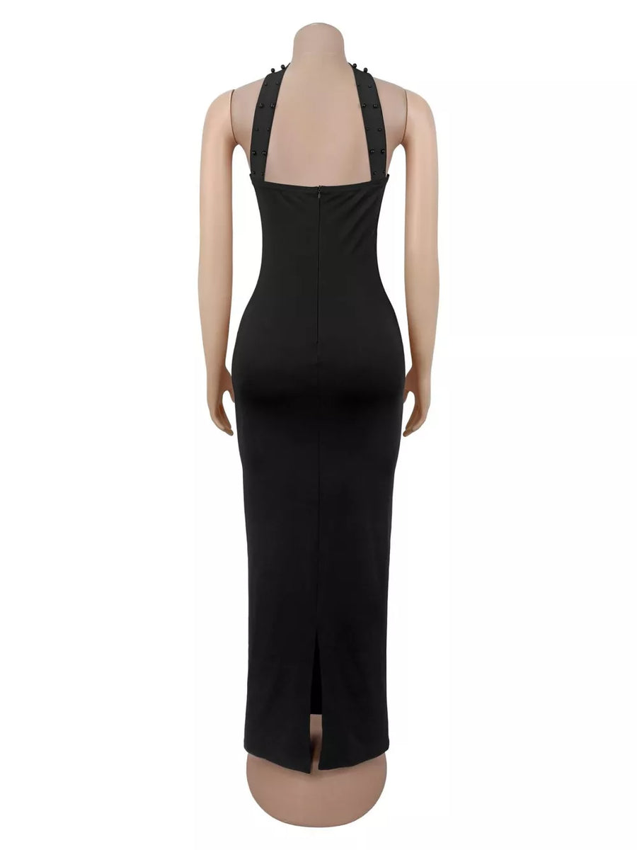 Black fitted maxi dress with strapless