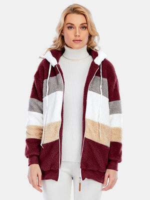 Teddy fleece zip-up hoodie with color block pattern in burgundy, tan, white, and grey.