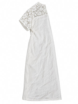 White shift dress featuring lace detail and floral