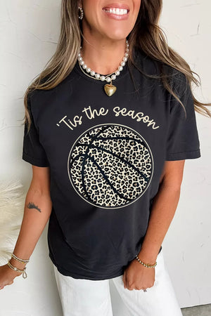 Black t-shirt with leopard print basketball graphic and 'Tis the season text