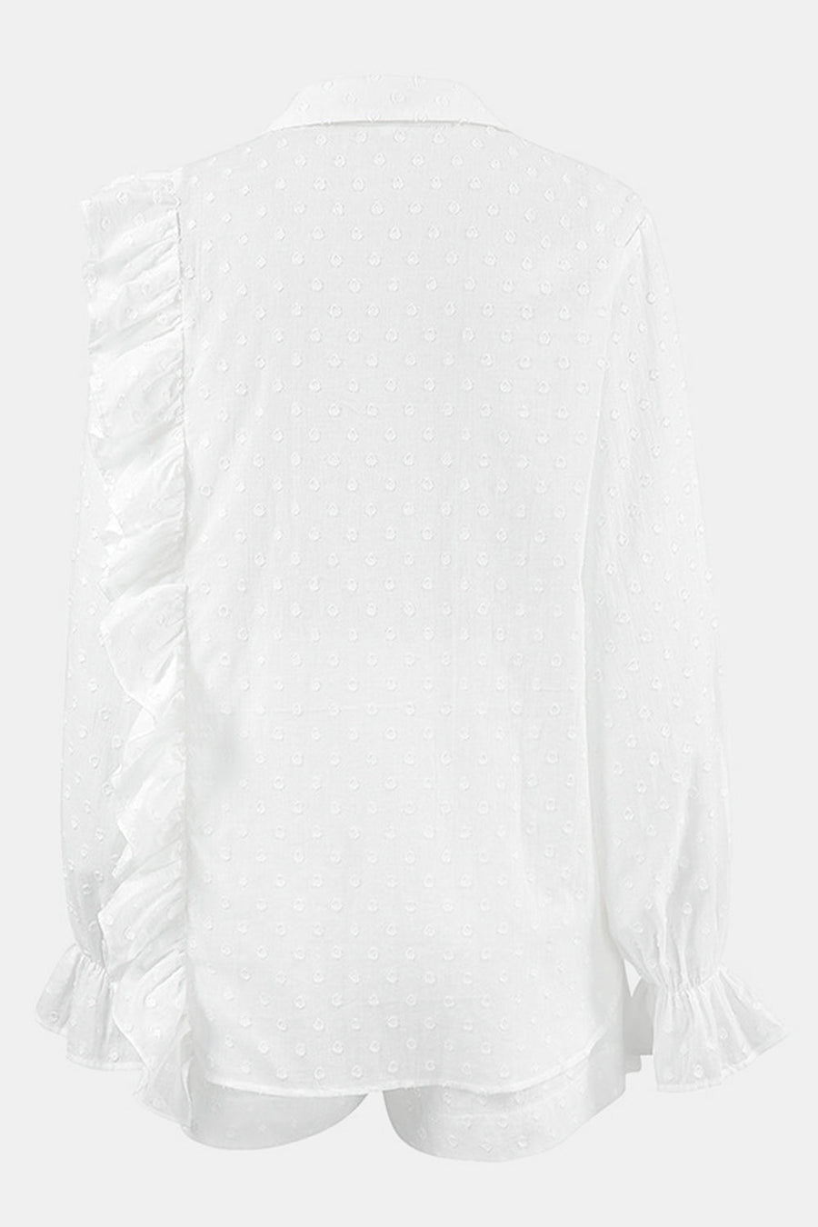 White textured ruffle trim shirt set with collared neckline and long sleeves.