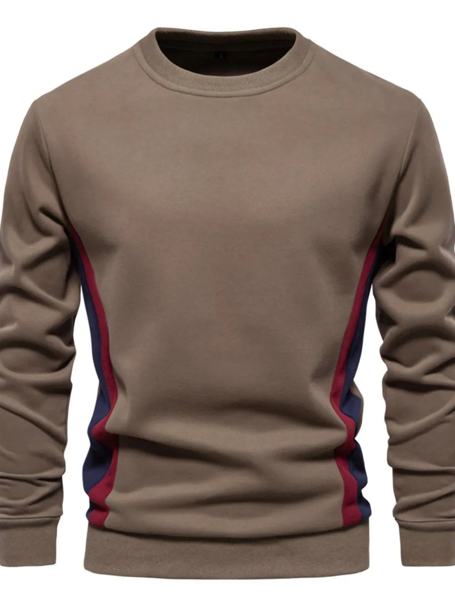 Taupe crew neck sweatshirt with navy and red side panel details.