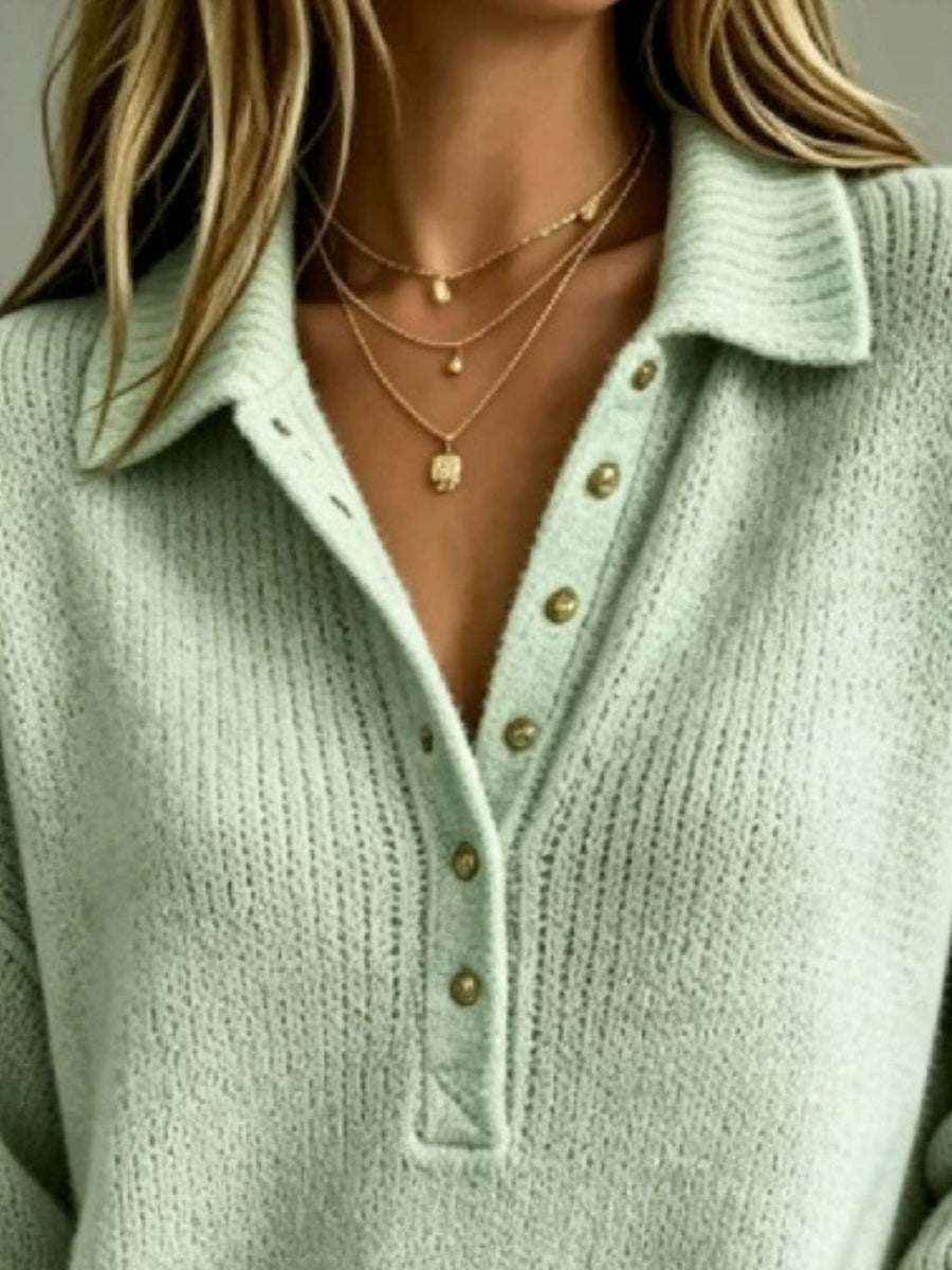 Full Size Button Detail Dropped Shoulder Sweater in Pink with ribbed
