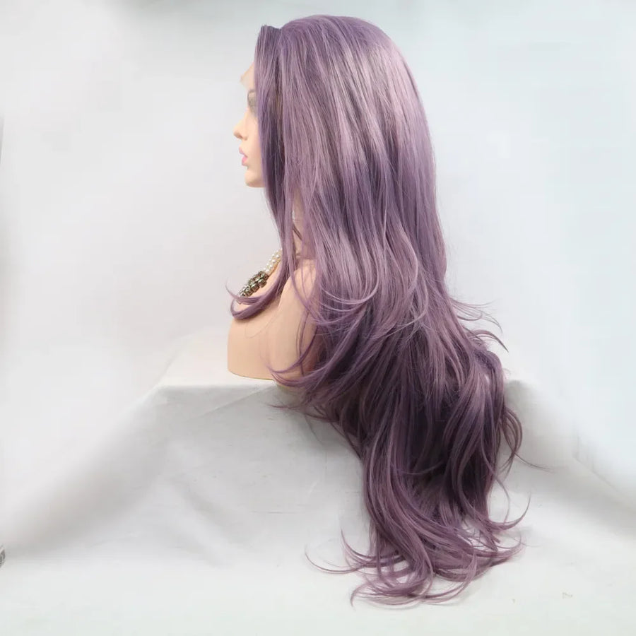 Lavender ombre lace front wig with flowing layers and a side part.