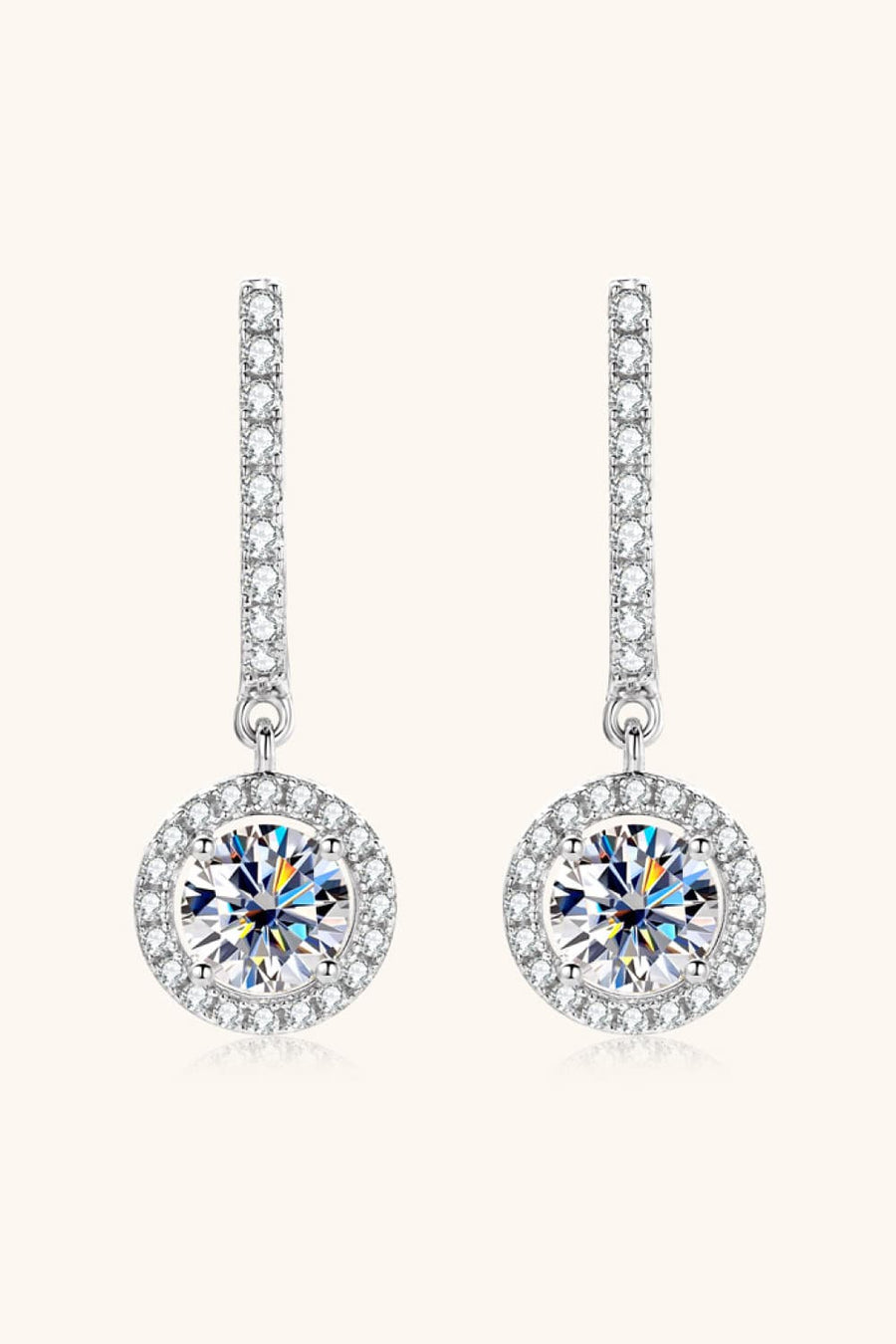 Silver pavé halo drop earrings with round center stone