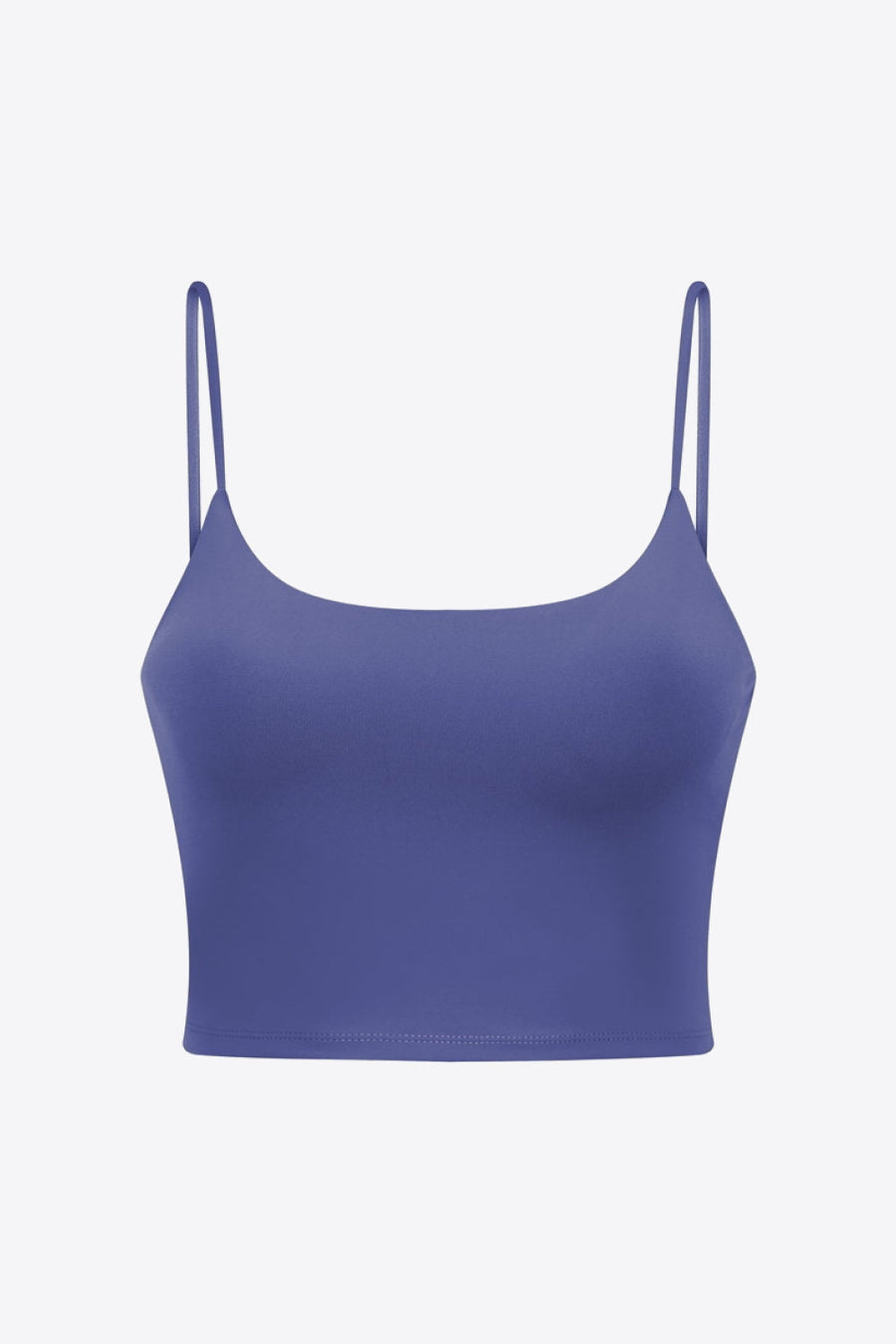 Light blue crop tank top with scoop neckline and thin spaghetti straps