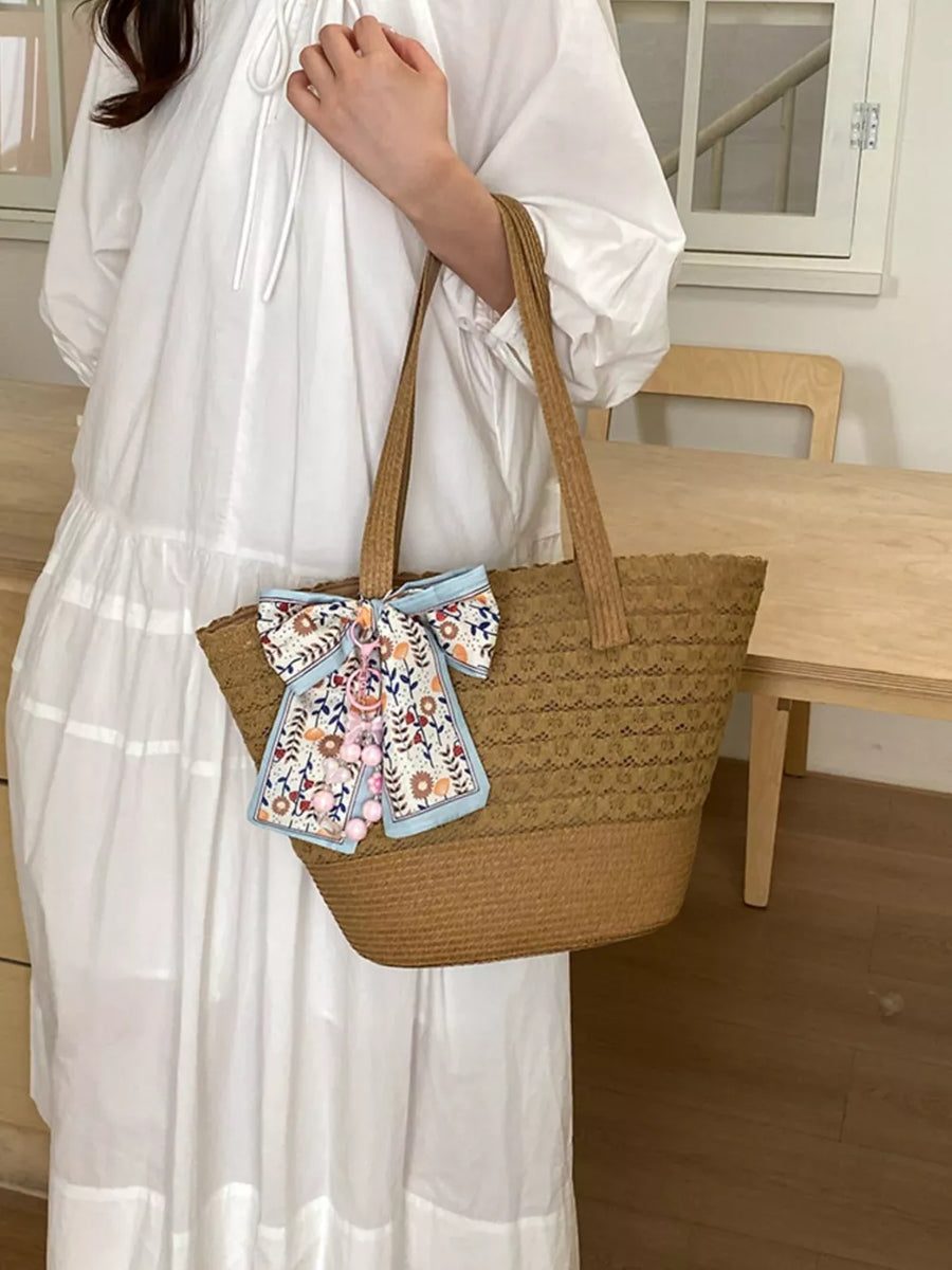 Brown with Straw Woven Shoulder Bag in Brown