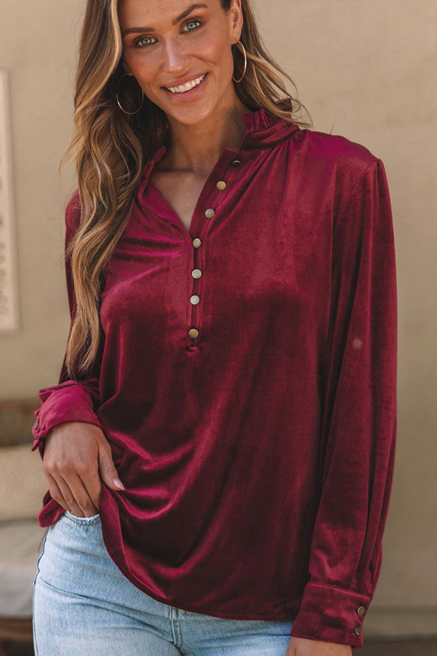 Burgundy velvet button-down blouse with mandarin collar and ruffled neckline