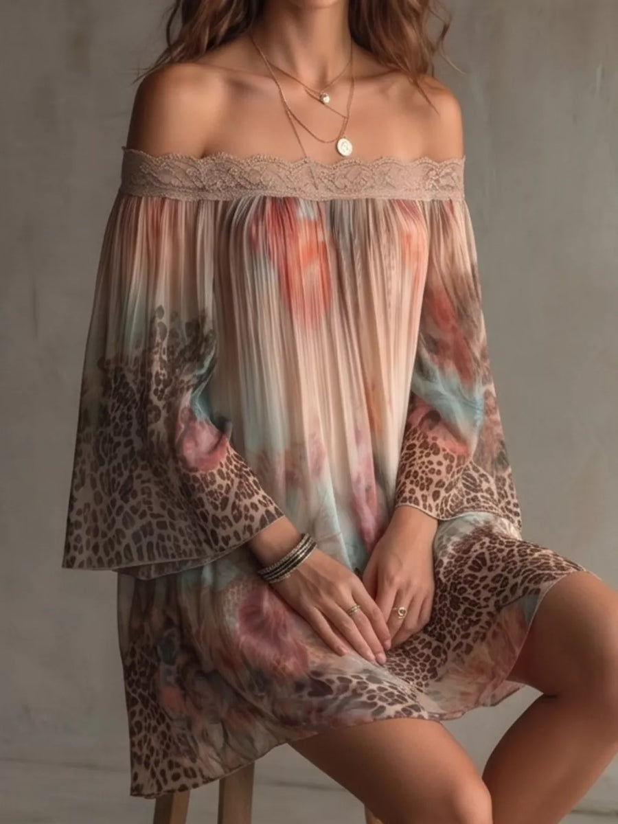 coral pink mini dress featuring lace detail and floral