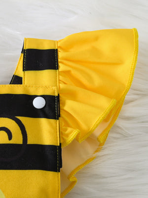 Yellow and black striped baby bodysuit dress with ruffled sleeves and snap closure.