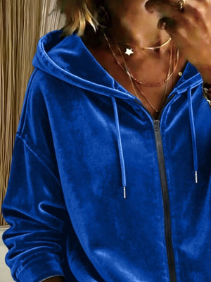 Brown zip hoodie with hip-length and zip-front