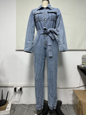 Light Blue jumpsuit with full-length and button-front