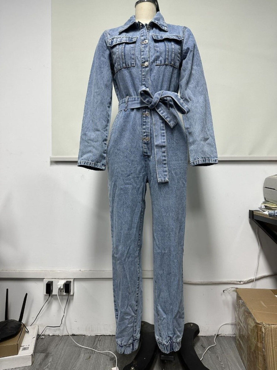 Light Blue jumpsuit with full-length and button-front