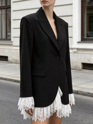 black blazer with hip-length and button-front