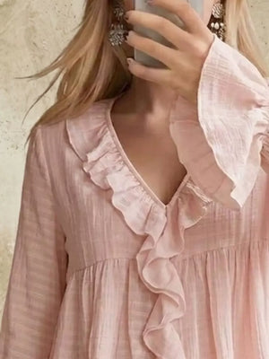 Ruffled V-neck Flounce Sleeve Blouse in Yellow