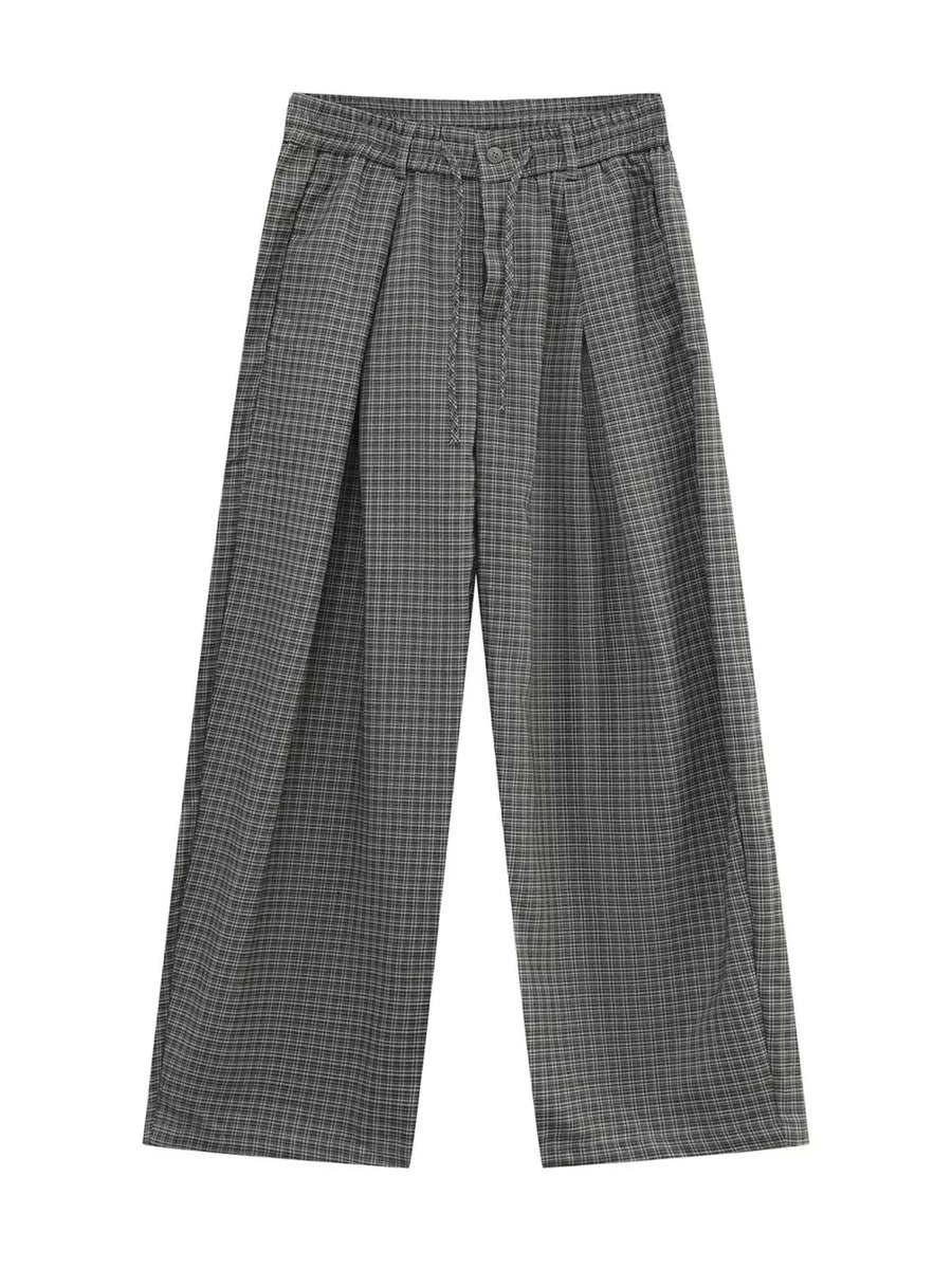 Plaid wide-leg relaxed fit pants in grey with adjustable drawstring waist.