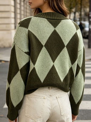 black cardigan with button-front and argyle