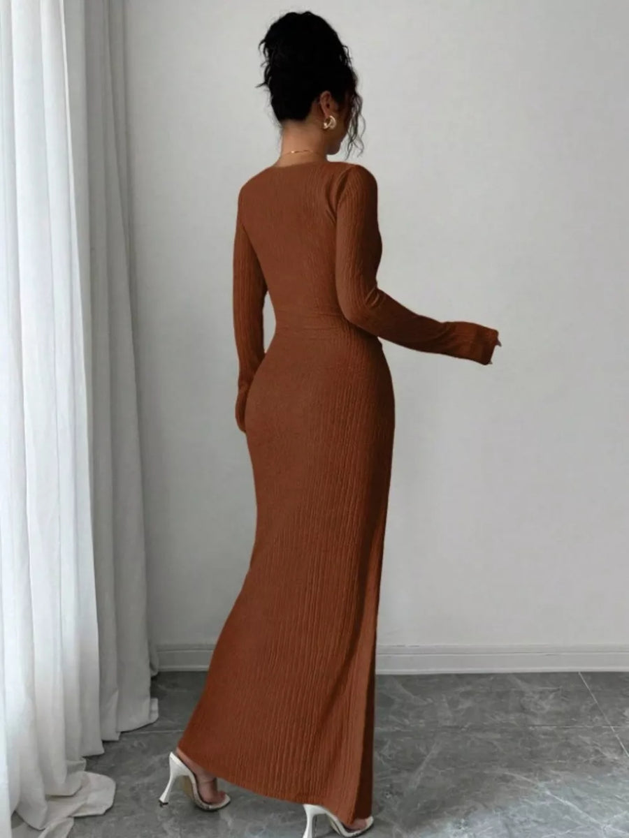 100% polyester Care instructions: Machine wash cold maxi dress in Black with bodycon silhouette